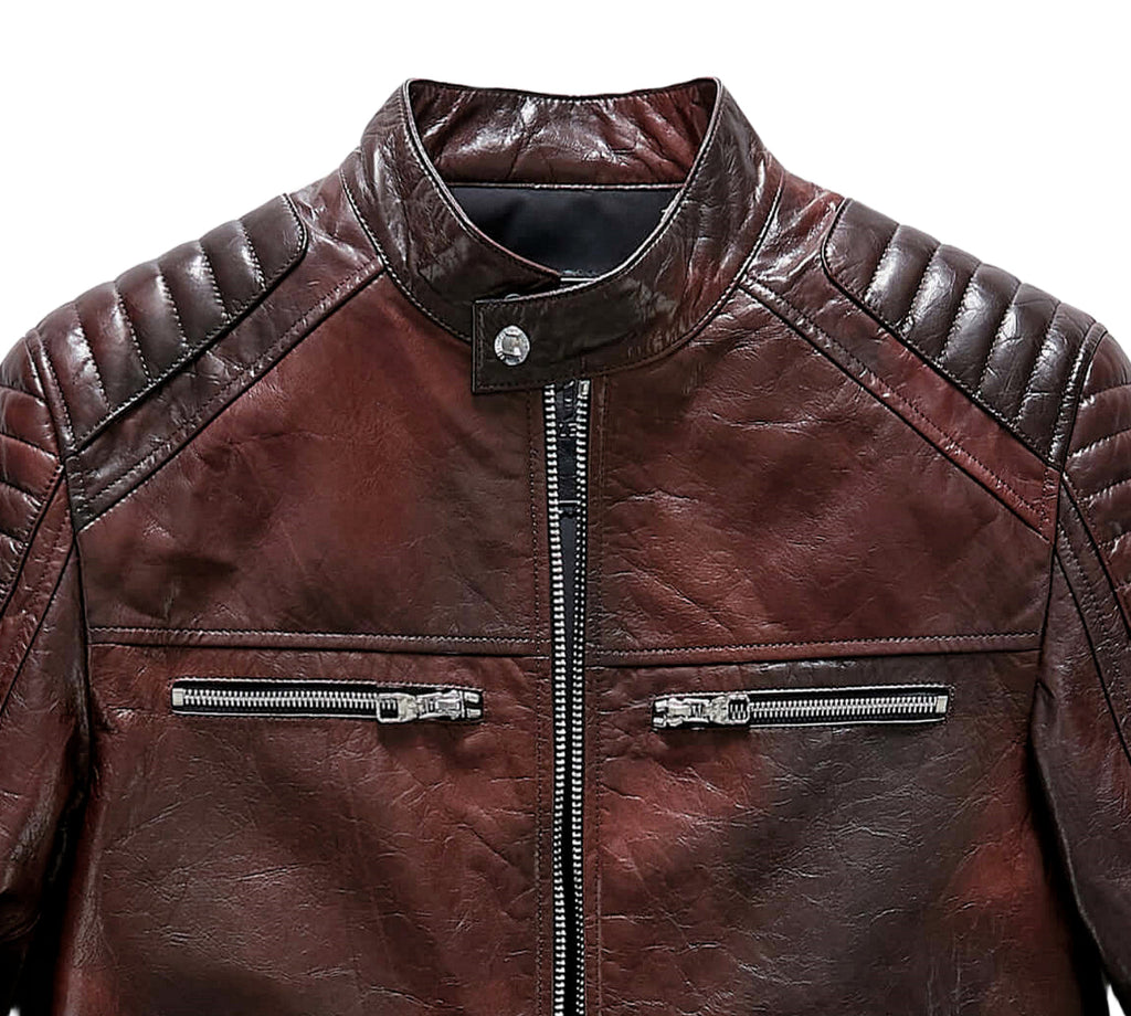 Men's Reddish Brown Goatskin Café Racer Leather Moto Jacket