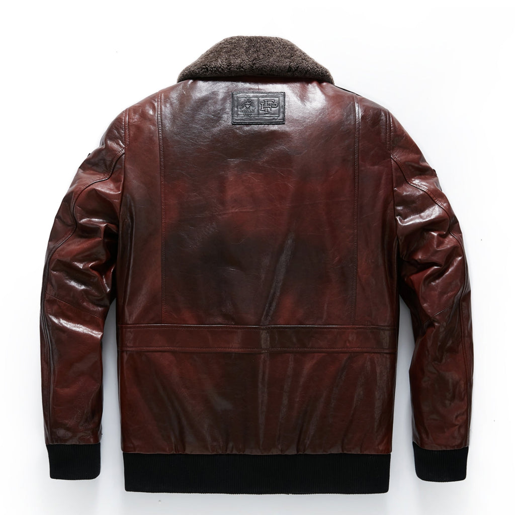 Reddish Brown Patched Goatskin Leather Bomber Jacket