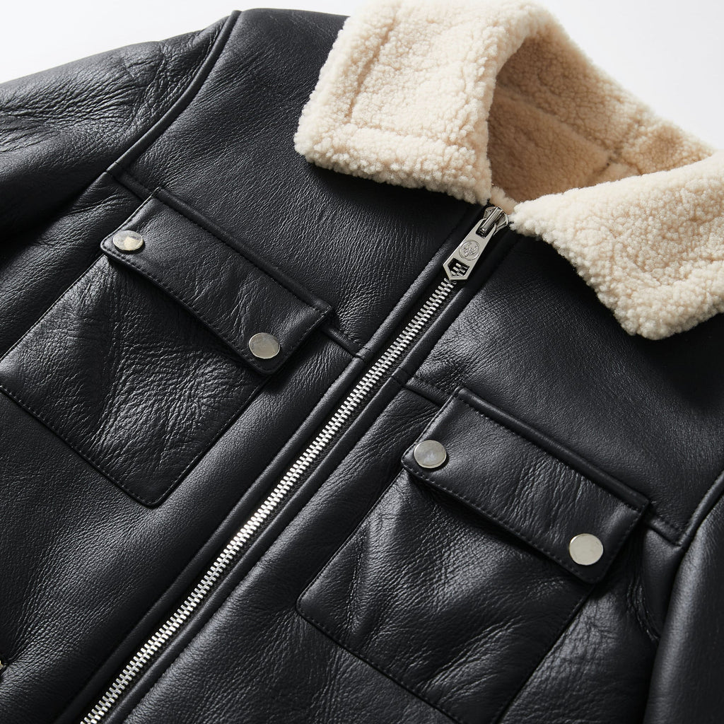 Black Real Sheepskin Shearling Trim Bomber Trucker Jacket
