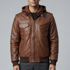 Hooded Brown Leather Bomber Jacket | Brown