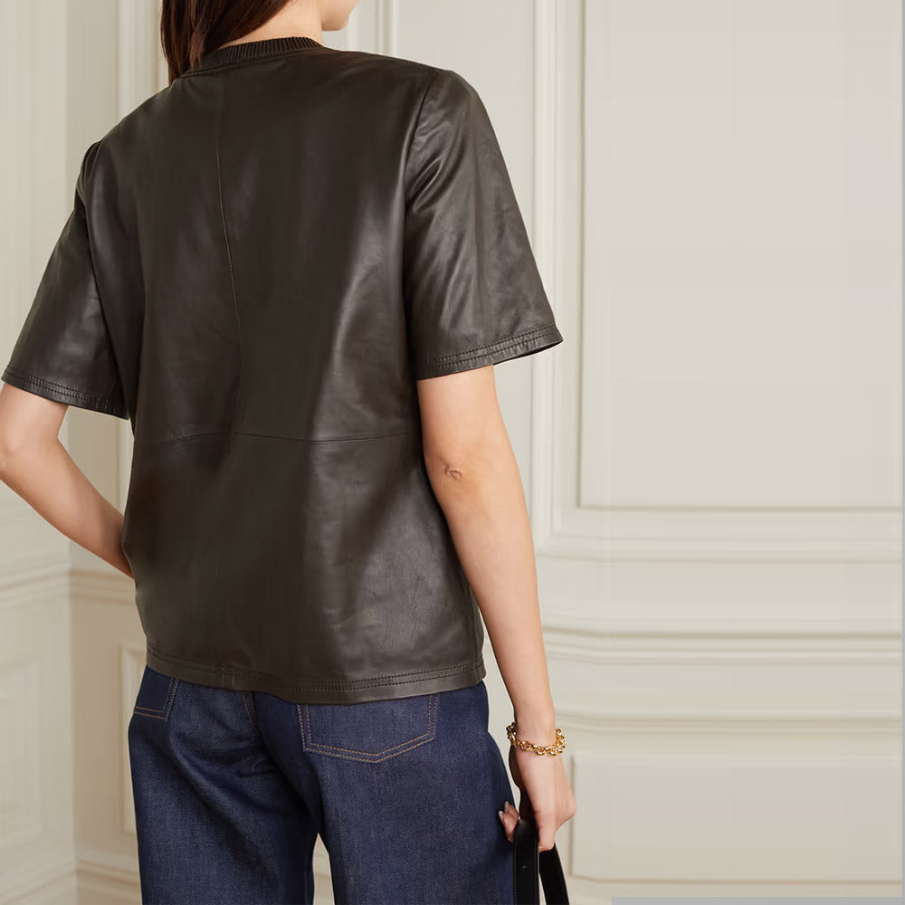 Women's Half-Sleeve Smooth Soft Chocolate Leather Shirt