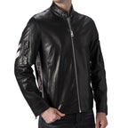 Black Leather Racer Jacket Letter Knitted Band