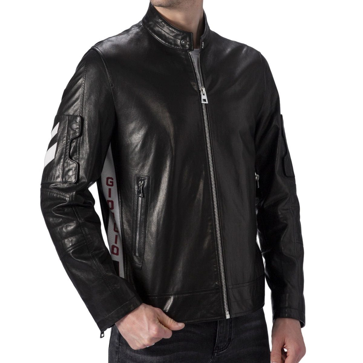 Black Leather Racer Jacket Letter Knitted Band