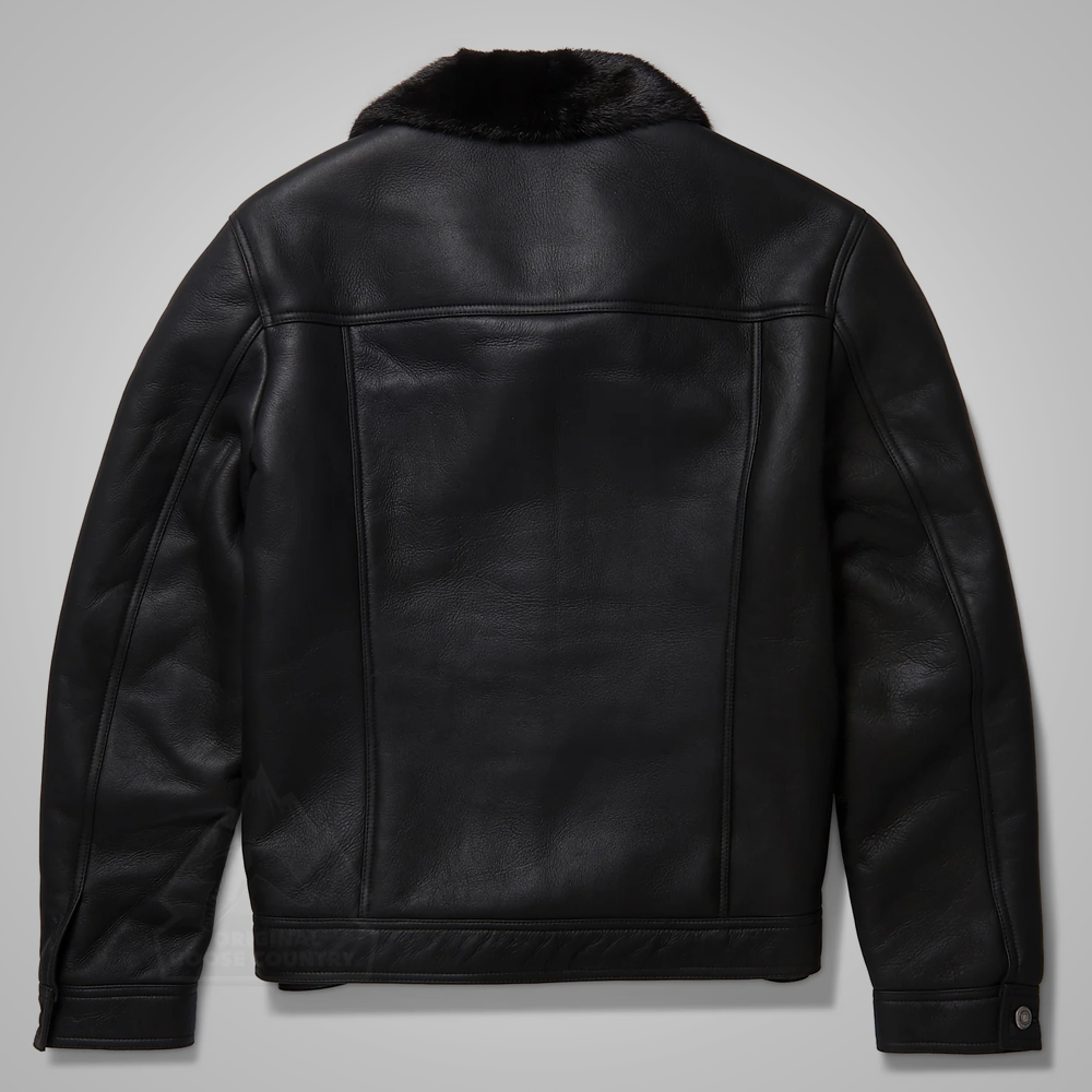New Men's Black B3 Shearling Real Sheepskin Leather Trucker Flying Jacket