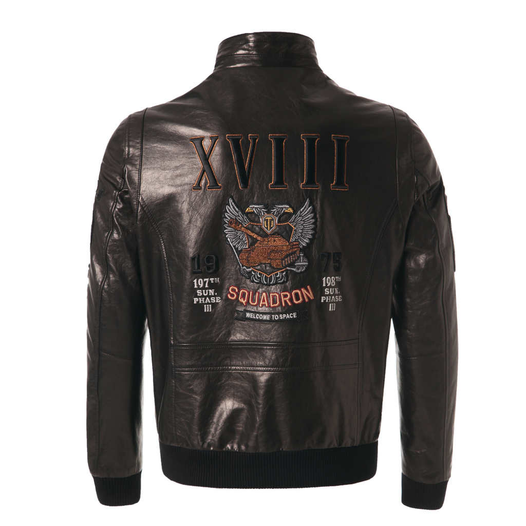 Black Pattern Patched Goatskin Bomber Jacket