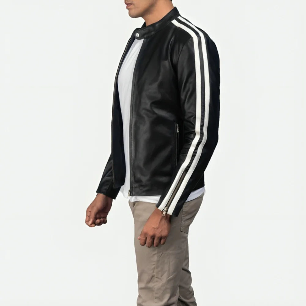 Mens White Striped Leather Cafe Racer Jacket