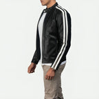 Mens White Striped Leather Cafe Racer Jacket