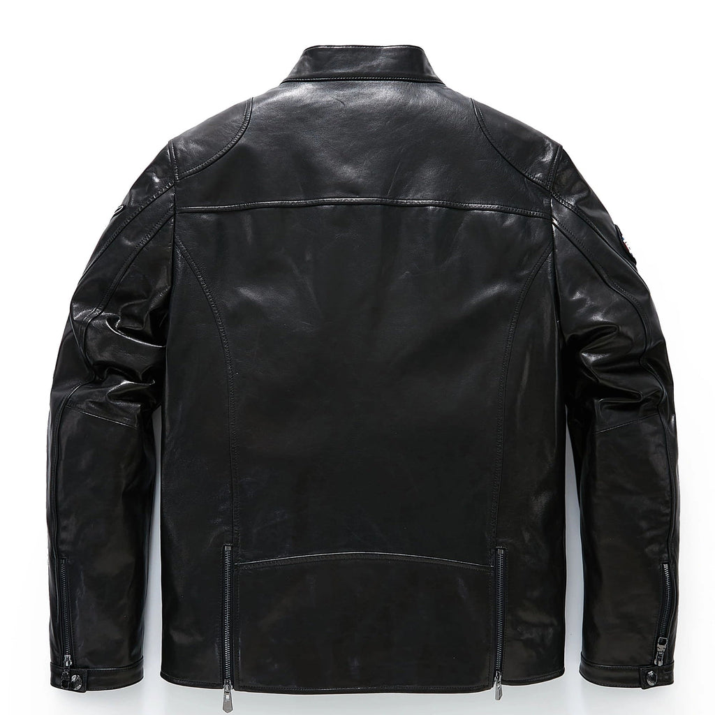 Men's Black Genuine Goatskin Leather Biker Jacket with Patches