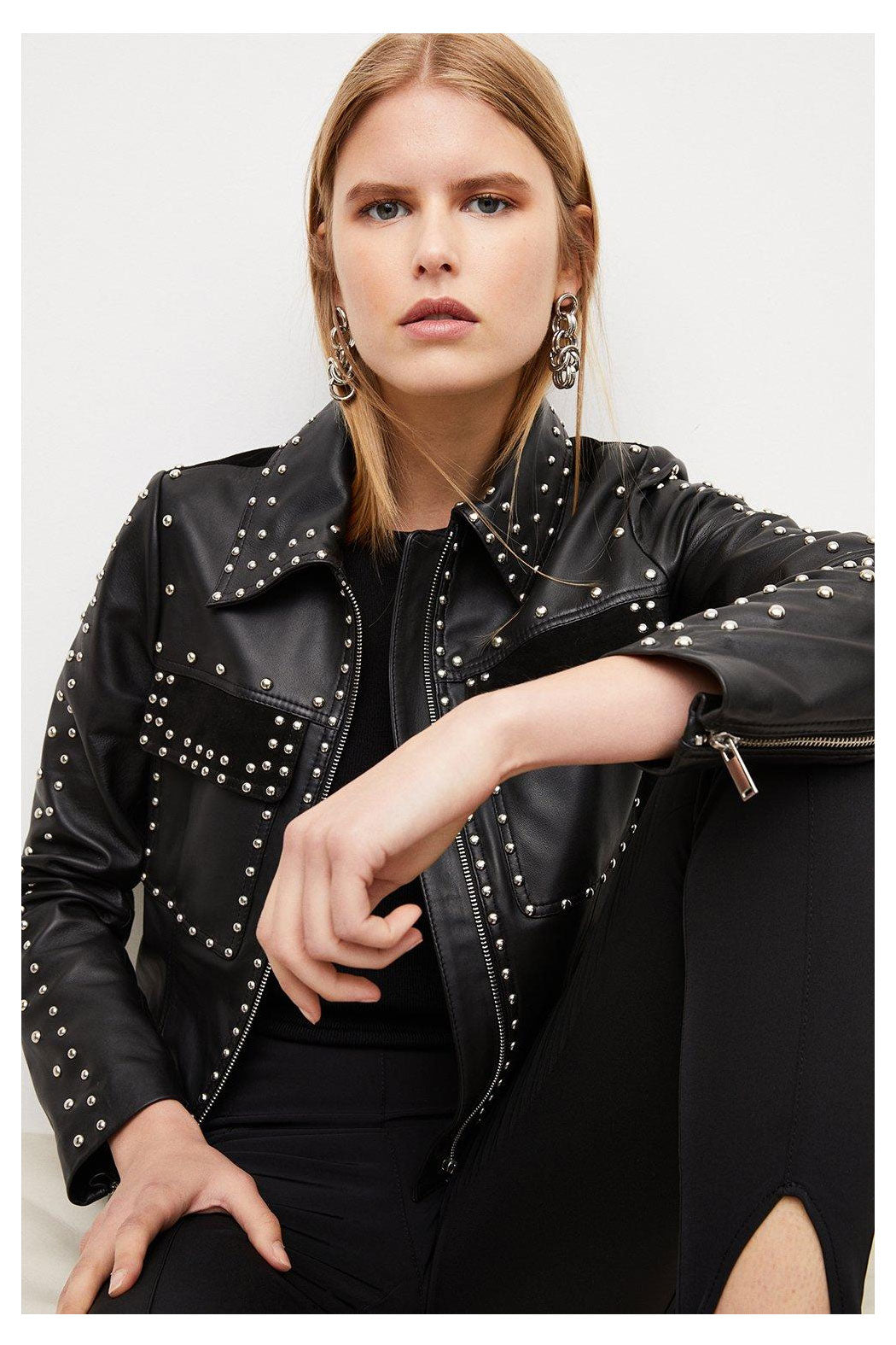 Women’s Black Silver Spiked Studded Leather Biker Jacket