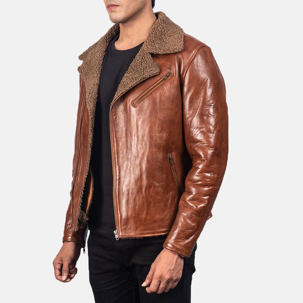 New Alberto Brown Shearling Moto Riding Men Biker Leather Jacket