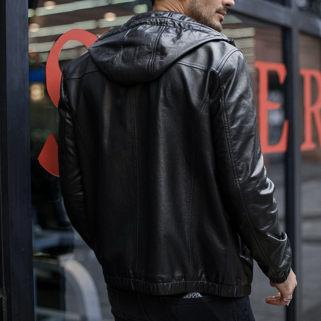 Black Hooded Genuine Leather Bomber Jacket