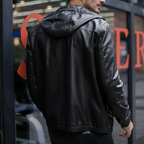 Black Hooded Genuine Leather Bomber Jacket