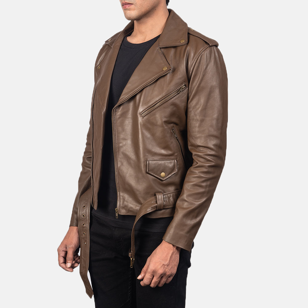 Men Mocha Motorbike Belted Racing Moto Biker Leather Jacket