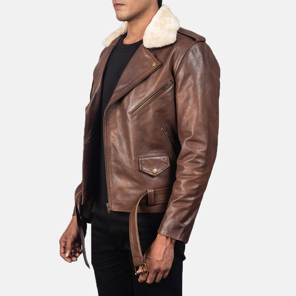 New Furton Brown Moto Belted Motorcycle Riding Men Biker Leather Jacket