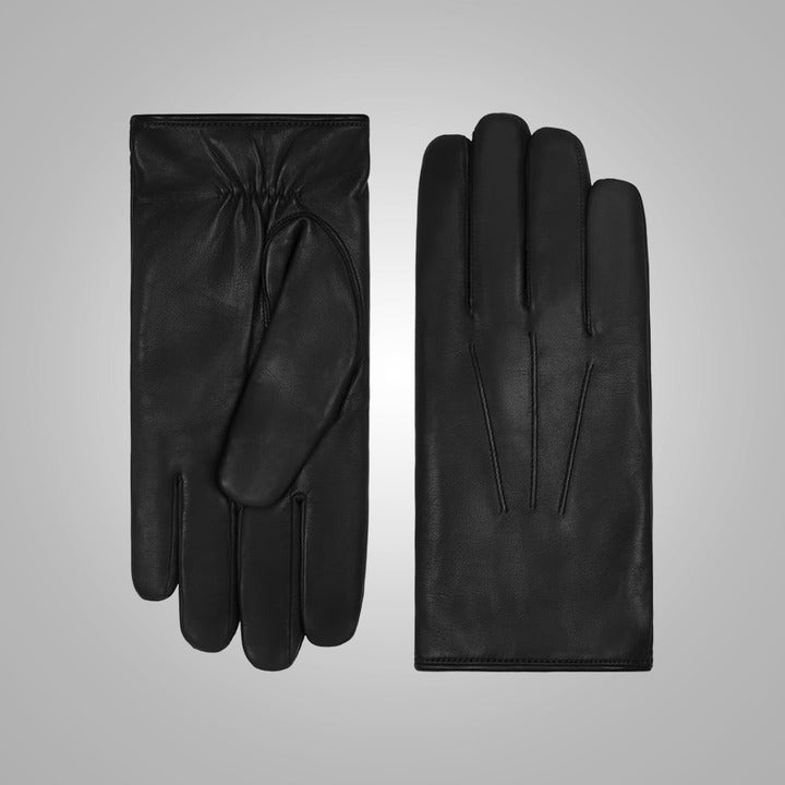 Men's Black Lambskin Leather Gloves with Brown Fur Lining