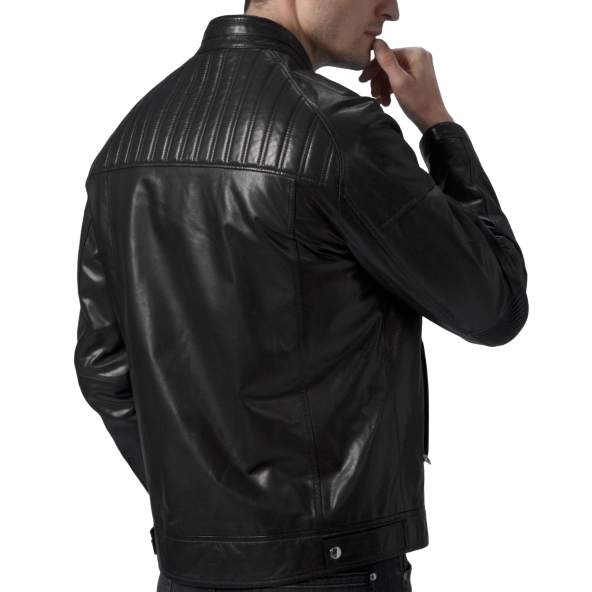 Classic Black Leather Racer Jacket Zip Up Moto Jacket