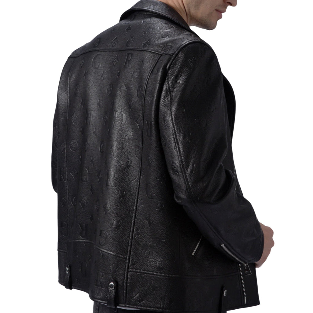 Black Embossed Leather Motorcycle Biker Jacket