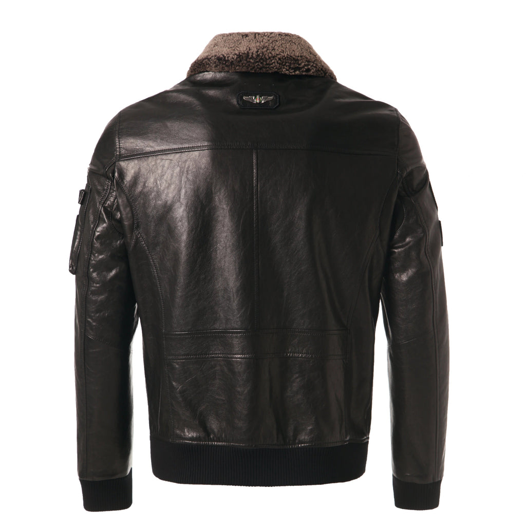 Black Lamb Fur Collar Goatskin Bomber Jacket
