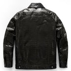 Men's Black Crocodile Alligator Embossed Genuine Leather Trucker Jacket