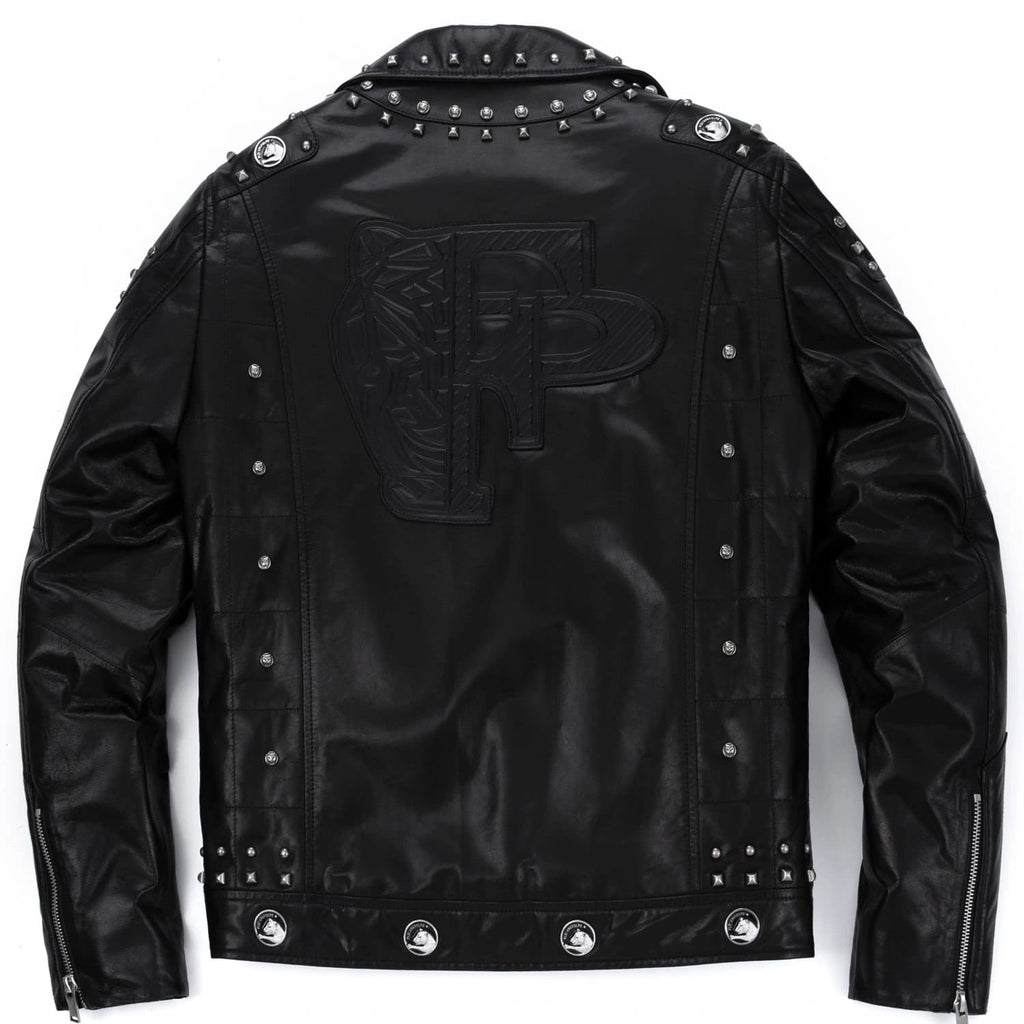 Black Rivet Punk Genuine Leather Moto Biker Jacket
