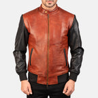 New Men Avan Black & Maroon Motorbike Moto Bomber Leather Biker Jacket