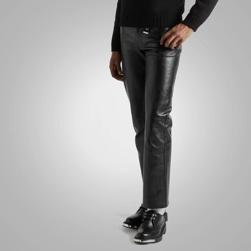 Men's Black New Style Fashion Leather Jeans