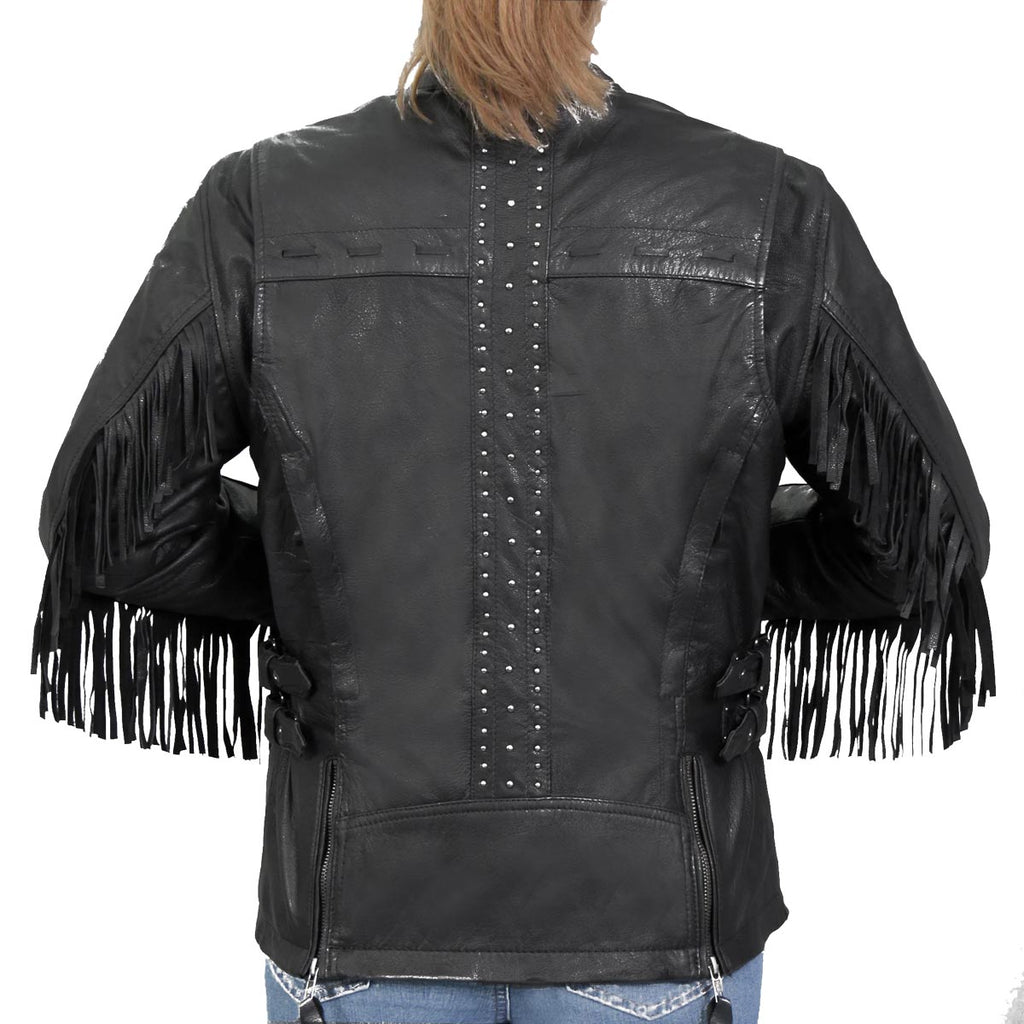 Hot Leathers Ladies Silver Fringe Black Leather Motorcycle Jacket - JKL1028