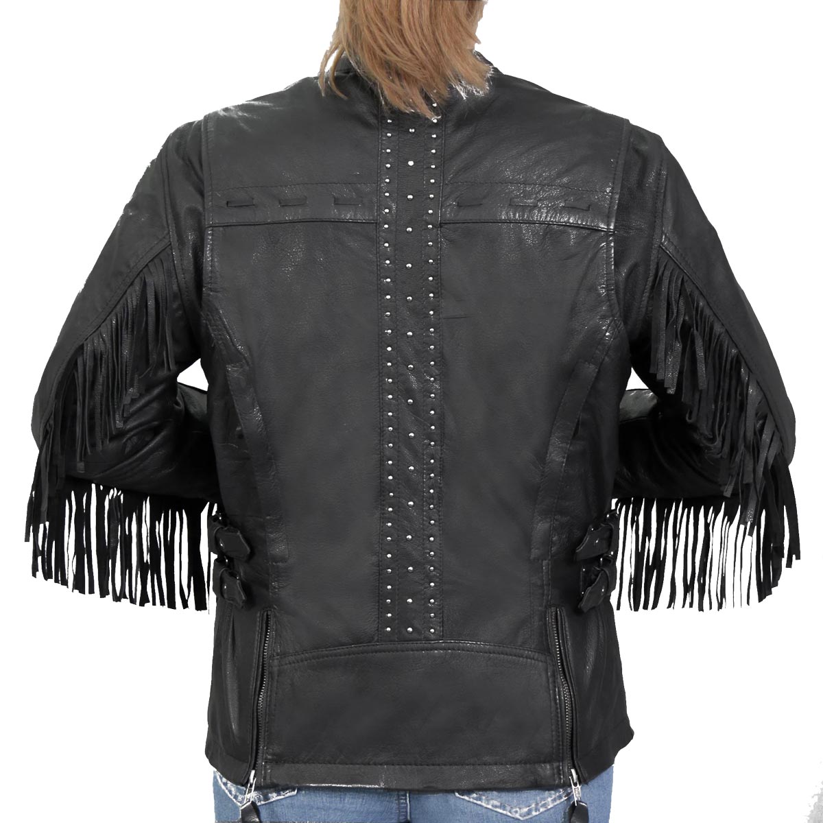 Hot Leathers Ladies Silver Fringe Black Leather Motorcycle Jacket - JKL1028