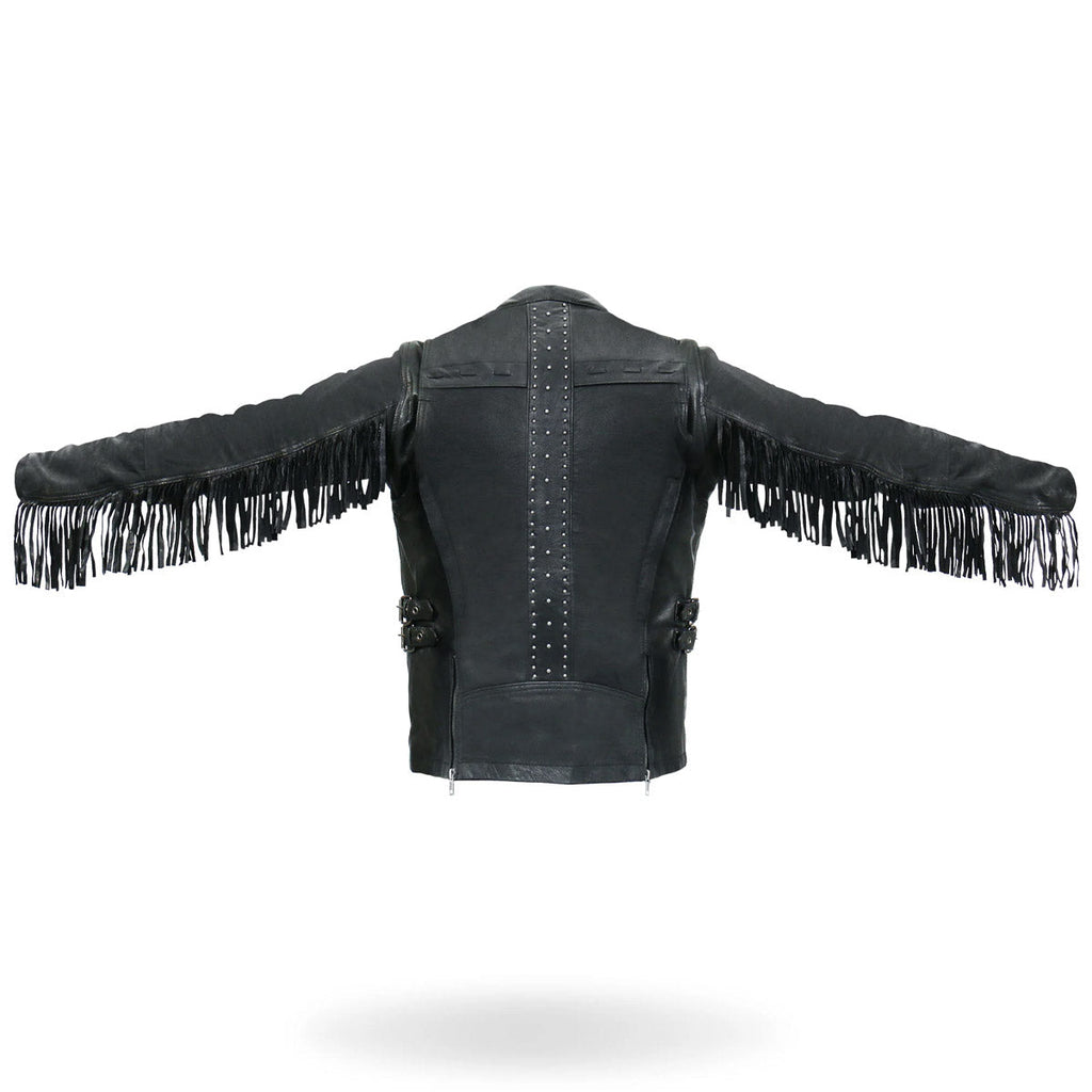 Hot Leathers Ladies Silver Fringe Black Leather Motorcycle Jacket - JKL1028