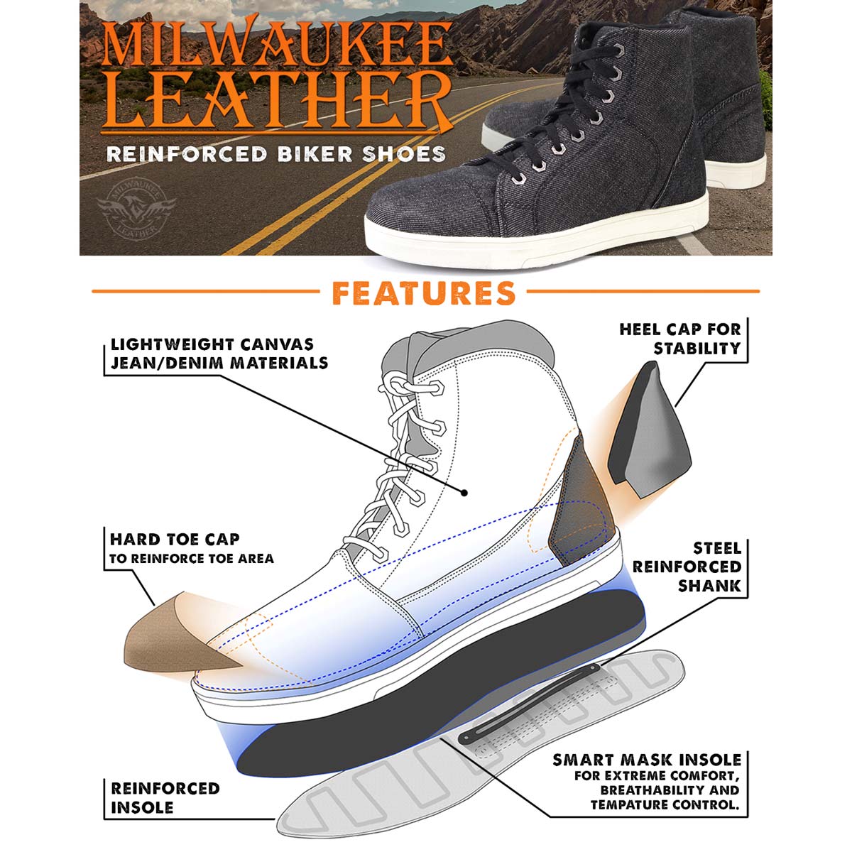 Milwaukee Leather Men's Threadshift Black Canvas Reinforced Street Riding Shoes - MBM9108