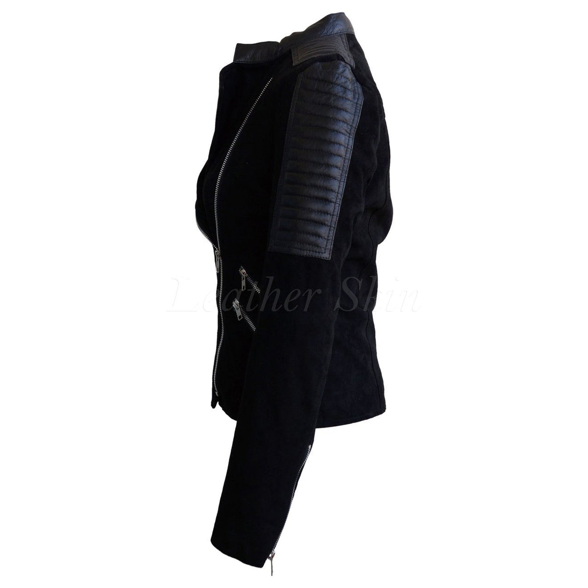 Leather Skin Women Black Brando Suede Sleeve Shoulder Padded Leather Jacket