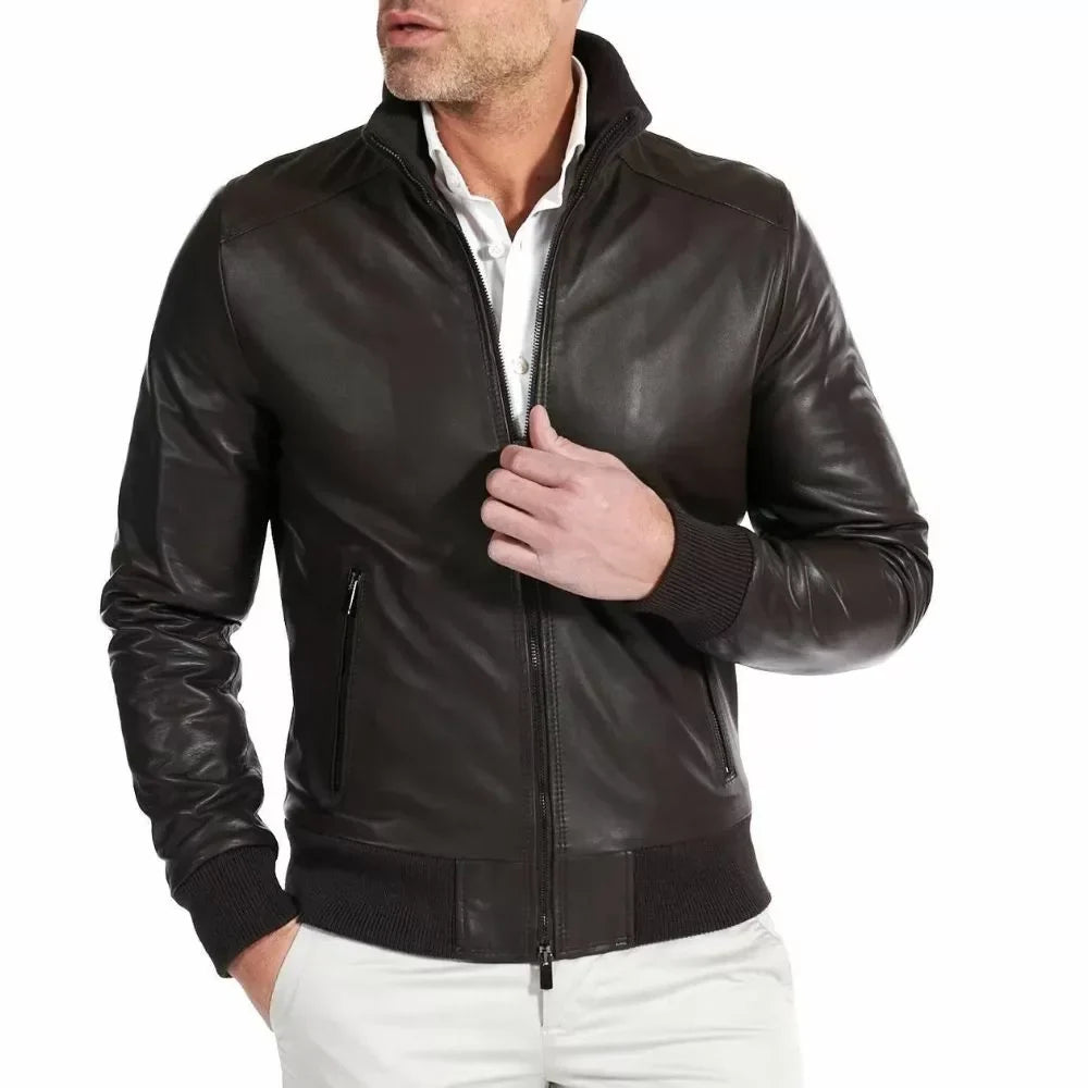 Chocolate Brown Leather Bomber Jacket