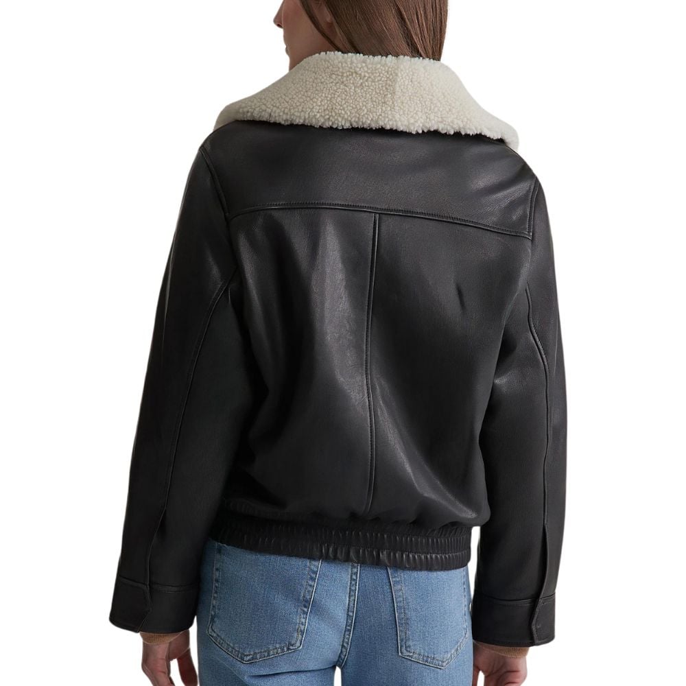Womens Black Leather Jacket with Shearling Collar