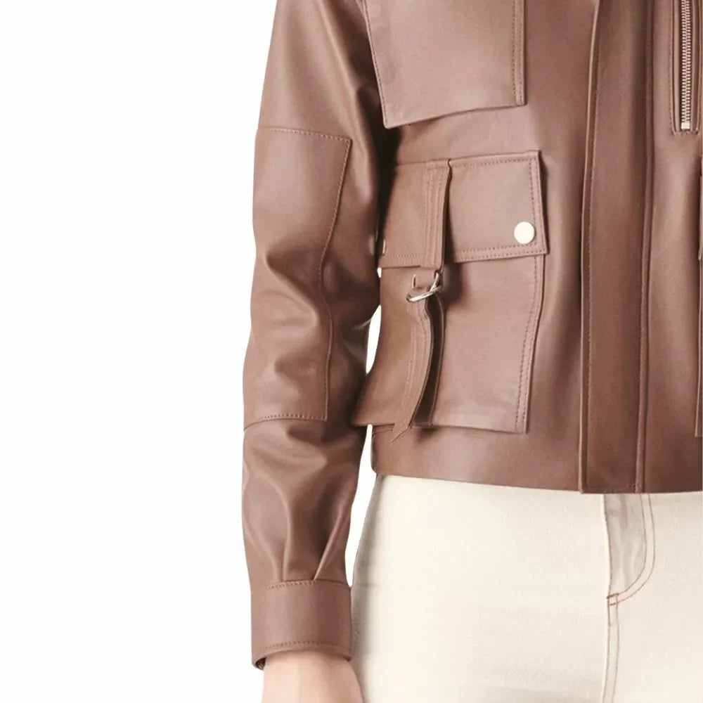 Brown Leather Bomber Jacket Womens