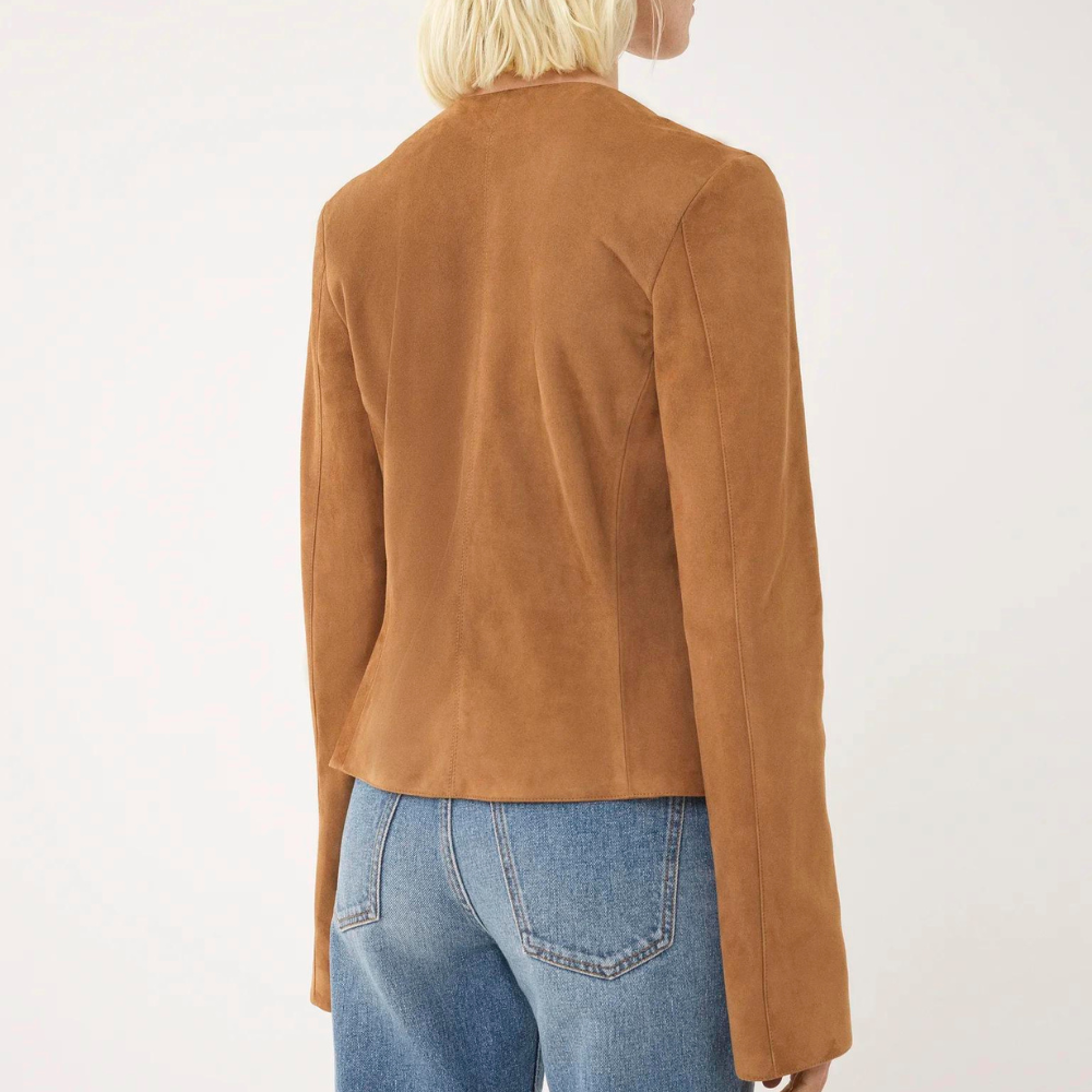 Womens Brown Fitted Collarless Suede Jacket