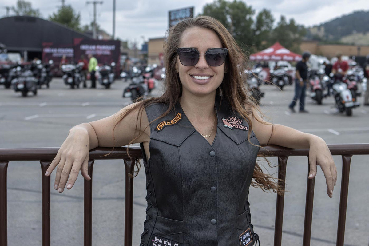 Event Leather ELL4900 Women's Classic Black Genuine Leather Side Laced Motorcycle Riders Vest w/ 9 Patches