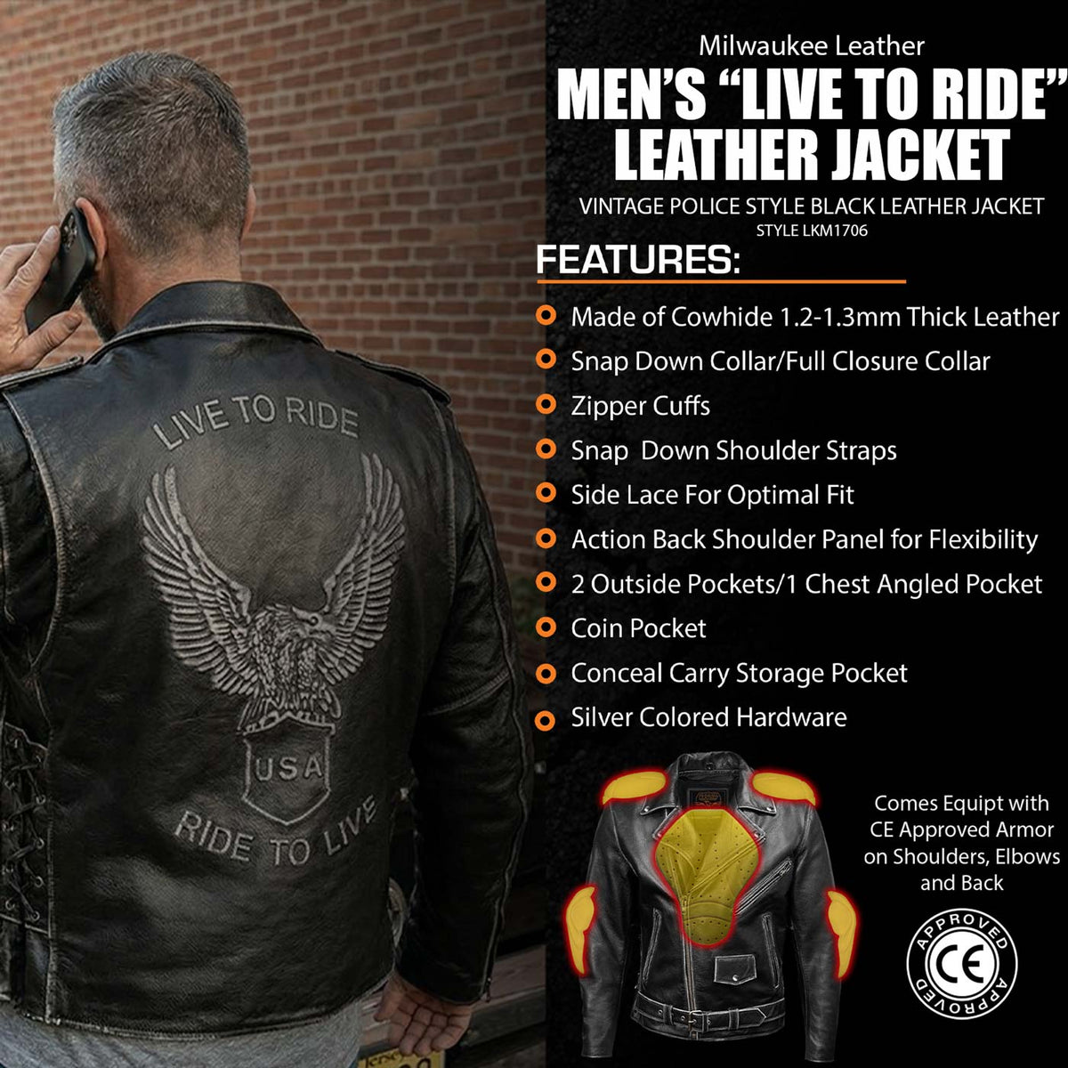 Milwaukee Leather Men's Live to Ride Classic Black Premium Leather CE Armored Motorcycle Jacket - Side Lace - LKM1706