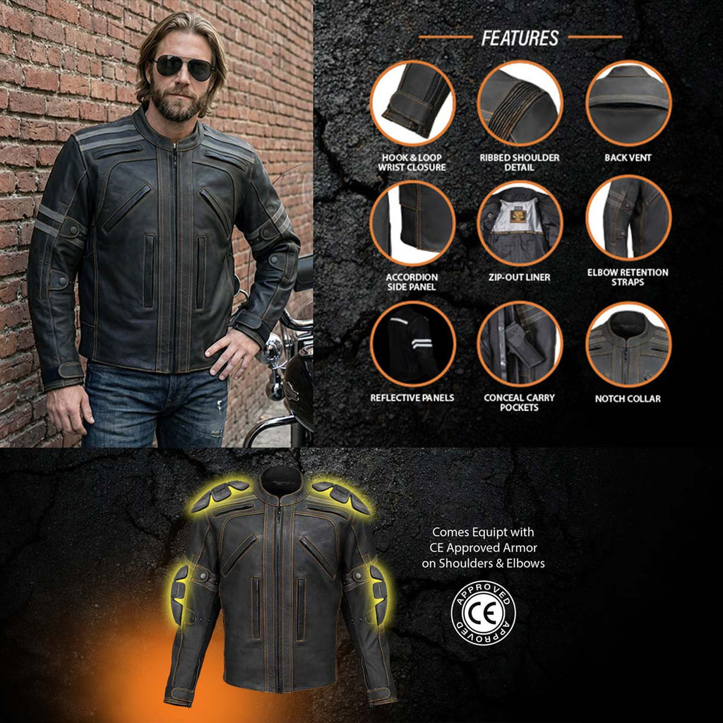 Milwaukee Leather Men's Matte Black 'Street' CE Armored Motorcycle Vented Jacket - Reflective - LKM17012