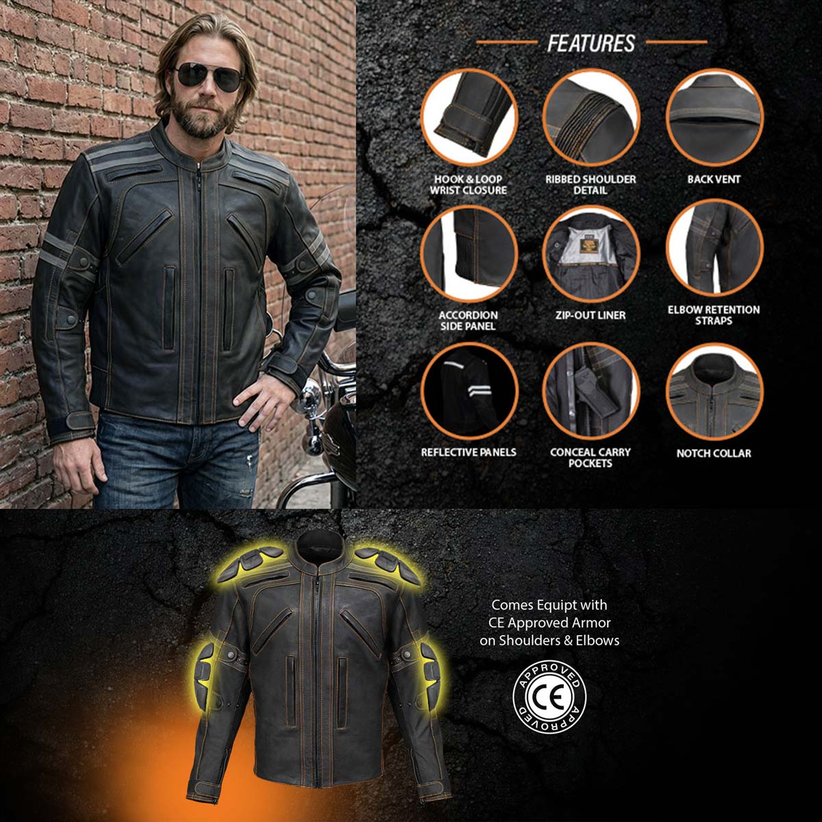Milwaukee Leather Men's Matte Black 'Street' CE Armored Motorcycle Vented Jacket - Reflective - LKM17012