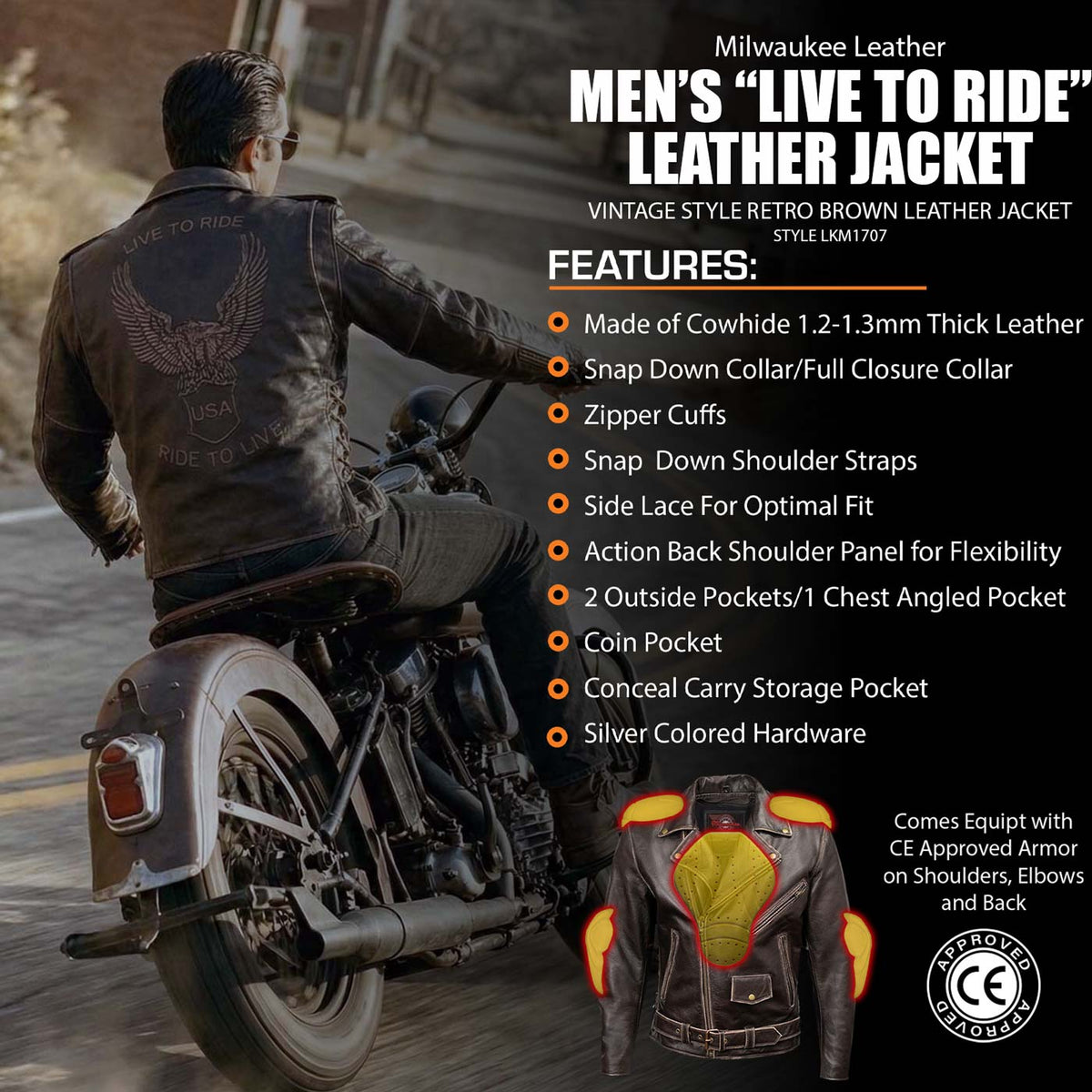 Milwaukee Leather Men's Live to Ride Classic Retro Brown Premium Leather CE Armored Motorcycle Jacket - Side Lace - LKM1707