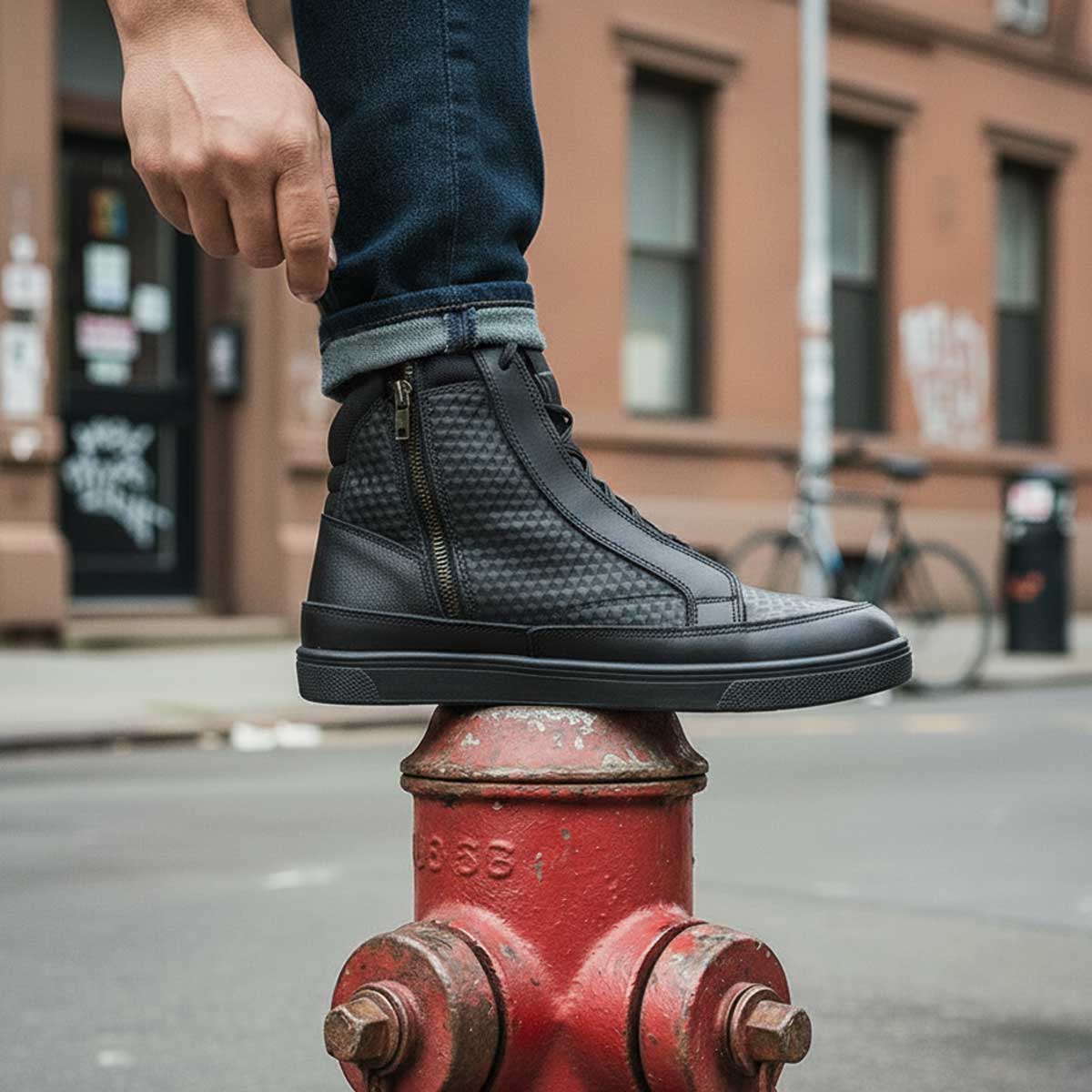 Milwaukee Leather Men's Black Leather Diamond Patterned Reinforced Street Biker Riding Shoes w/ Ankle Support - MBM9104