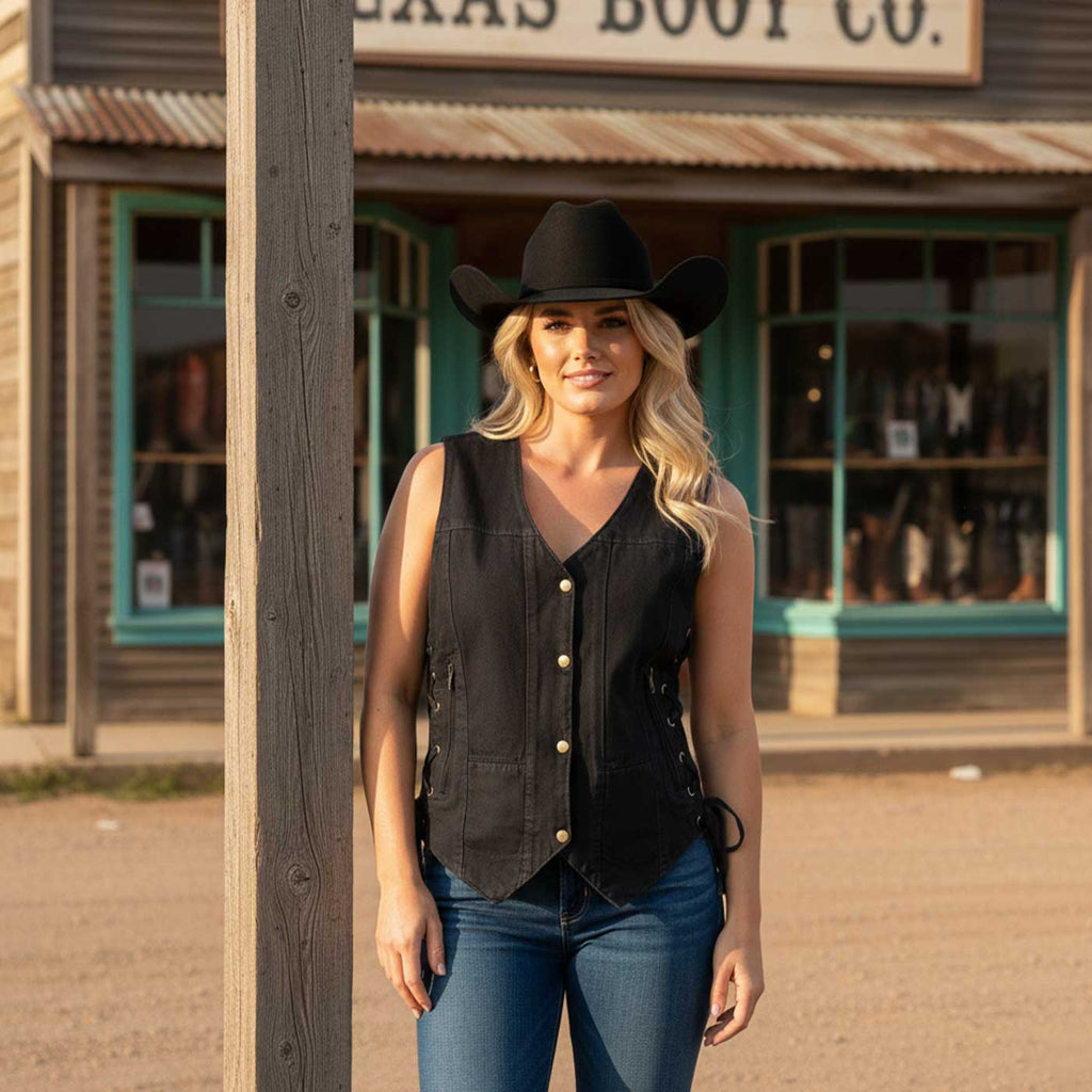 Milwaukee Leather MDL4020 Women's Classic Black ‘6 Pocket’ Side Lace Denim Vest
