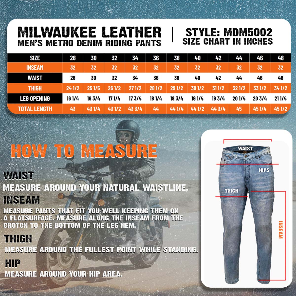 Milwaukee Leather MDM5002 Men's Metro Blue CE Armored Motorcycle Riding Denim Jeans Reinforced w/ Aramid Fibers