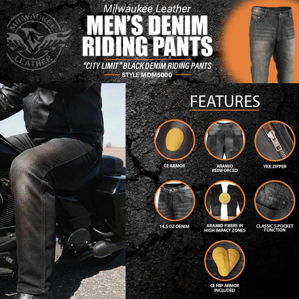Milwaukee Leather MDM5003 Men's Blue Armored Motorcycle Riding Denim Jeans Reinforced with Aramid Fibers