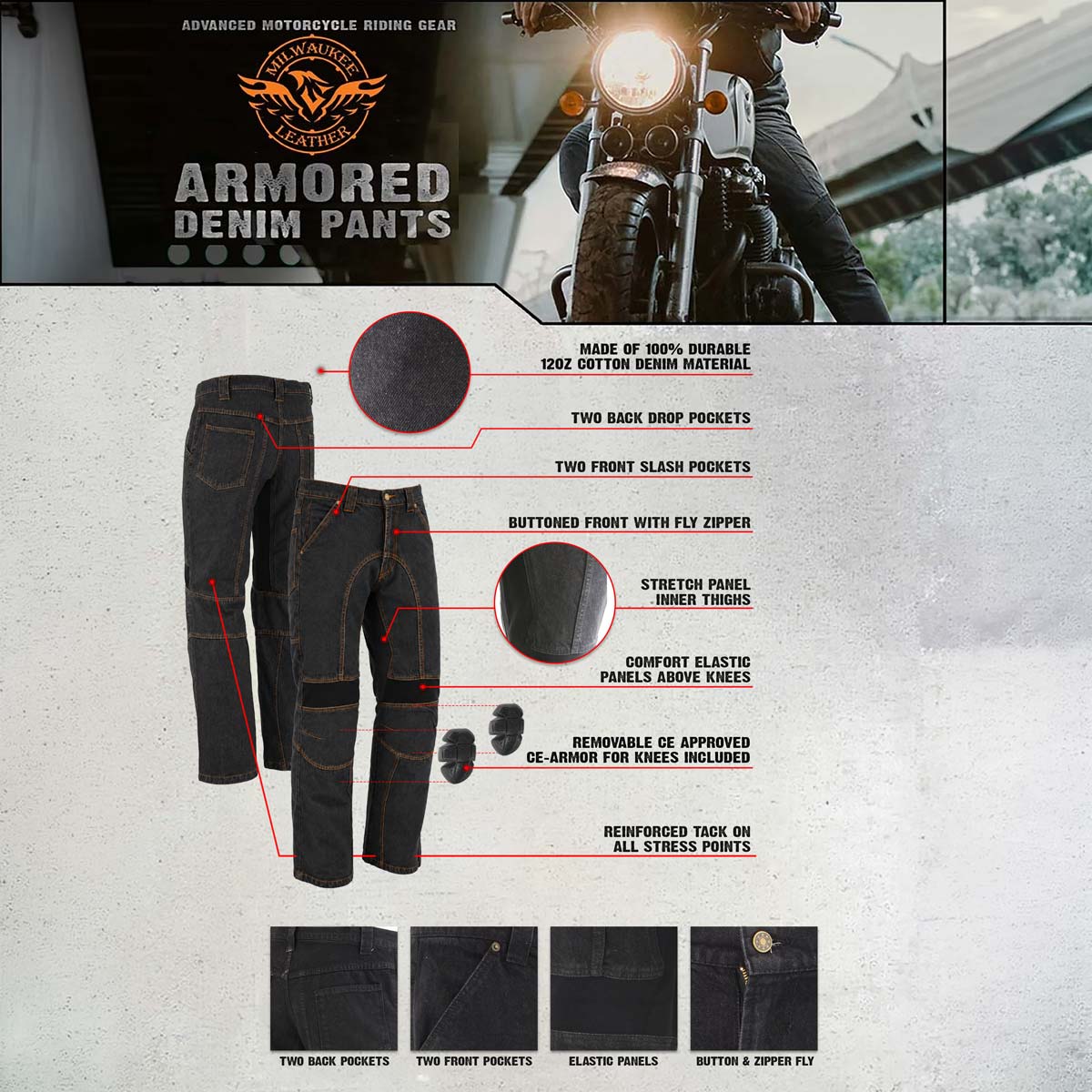 Milwaukee Leather Men's Armored Classic Fit Black Denim Motorcycle Racing Style Pants - MDM5016