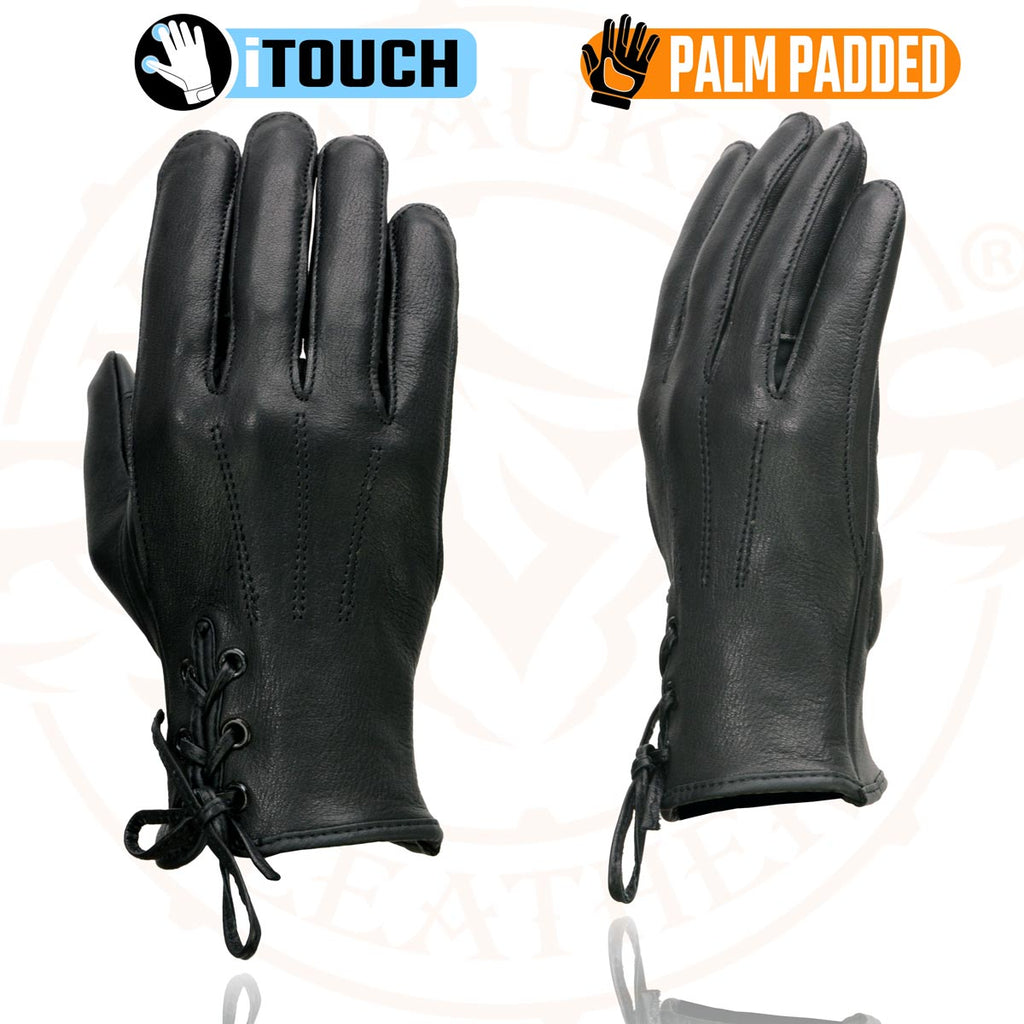 Milwaukee Leather MG7745 Women's Black Deerskin Laced Wrist Motorcycle Gloves w/ Gel Palm and i-Touch Screen