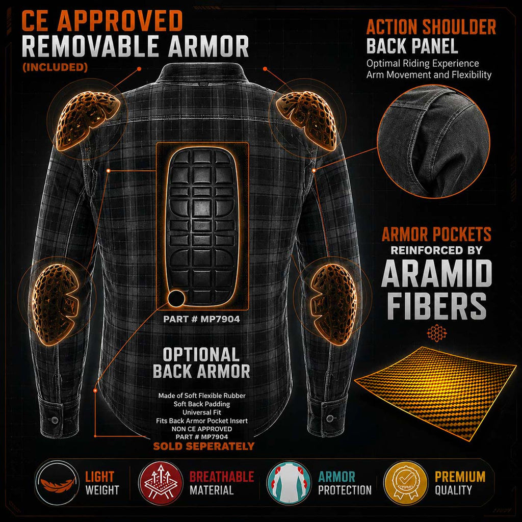 Milwaukee Leather MPM1633 Men's Plaid Flannel Biker Shirt with CE Approved Armor - Reinforced w/ Aramid Fiber