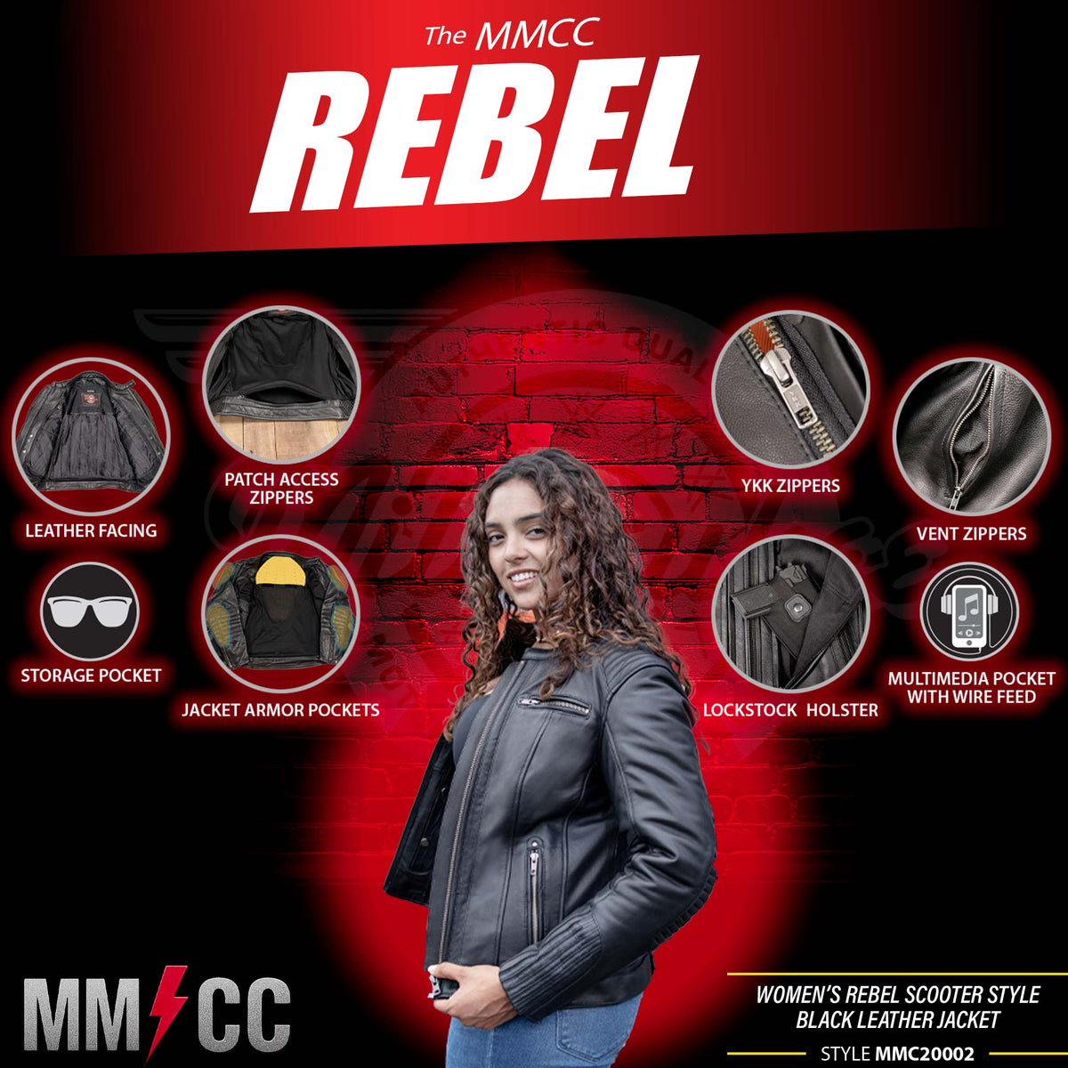 MMCC Women's Rebel Black Leather Motorcycle Jacket - MMC20002