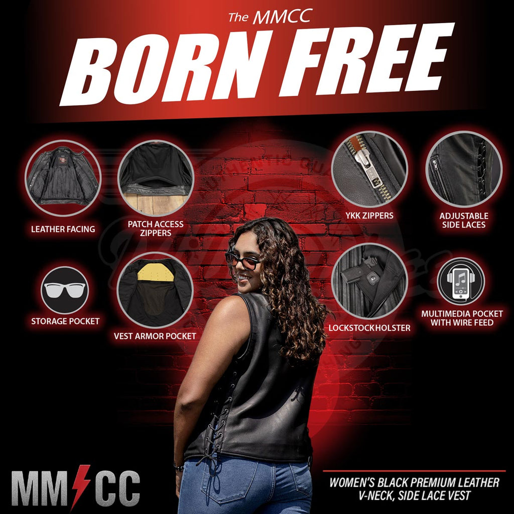 MMCC Women's Born Free Black Leather Motorcycle Vest - MMC40002