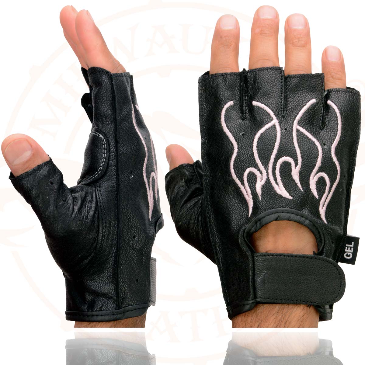 Milwaukee Leather SH198 Women's Black-Pink Gel Palm Fingerless Motorcycle Gloves with Pink Flame Embroidery
